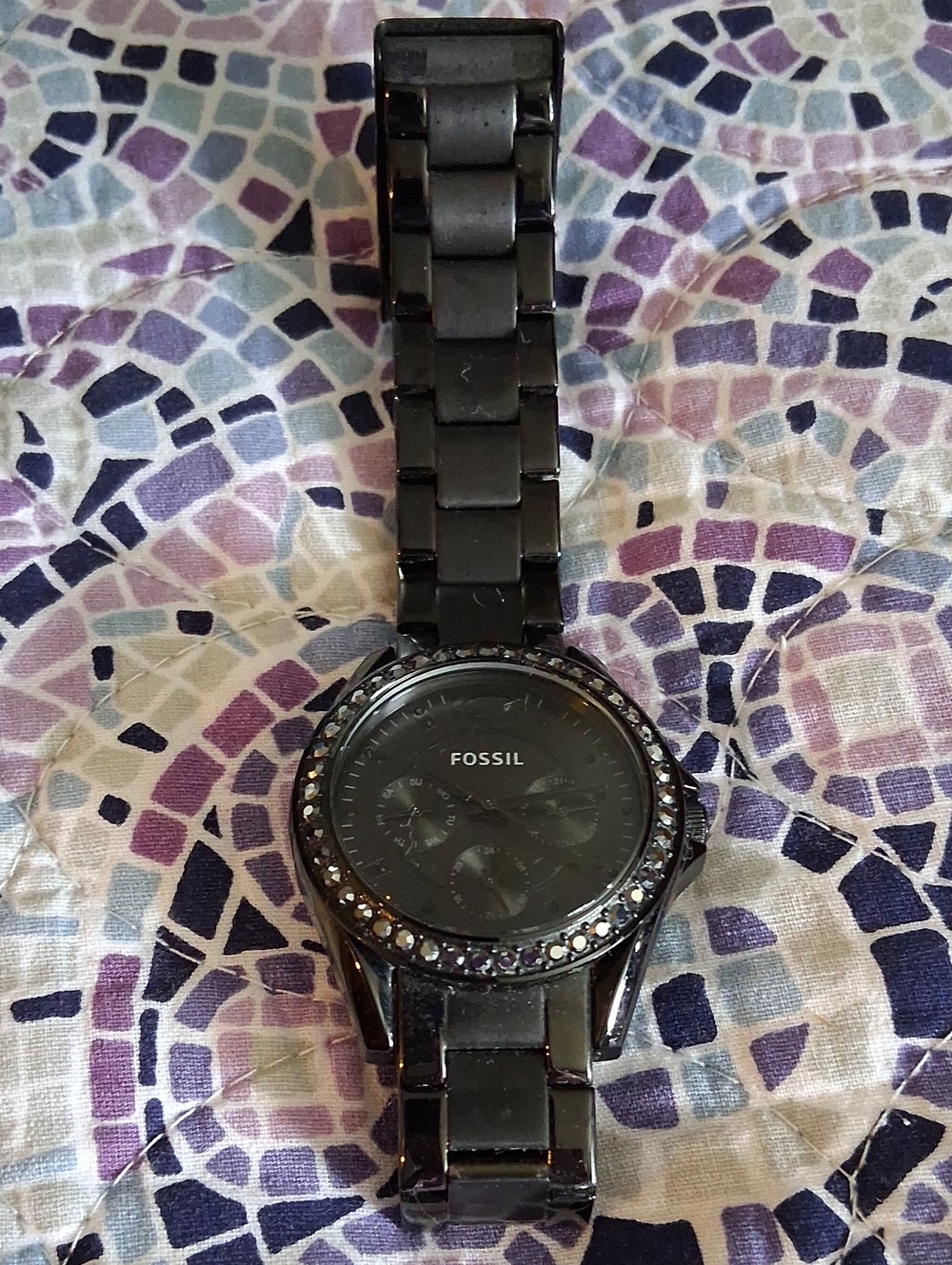 Fossil Black Crystal-Trim Metal Bracelet Watch